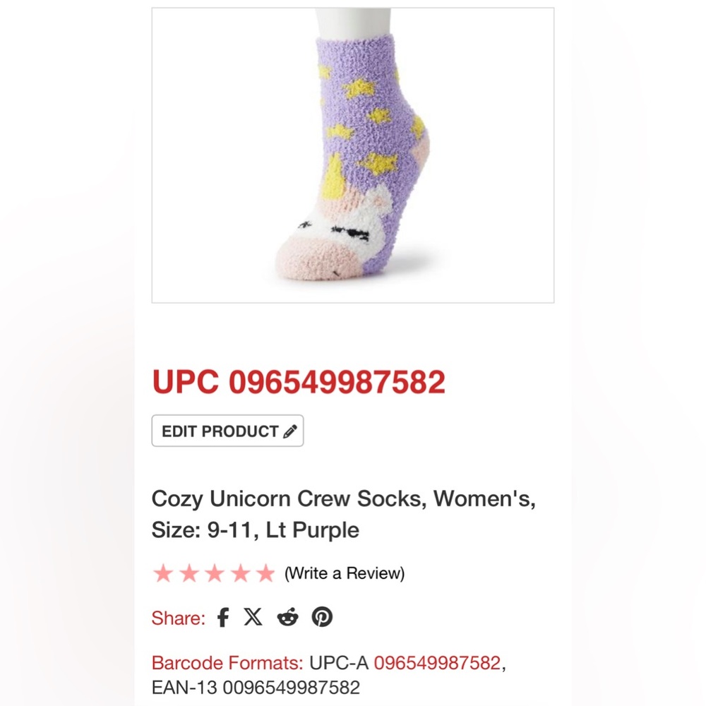Womens Light Purple Cozy Unicorn Crew Socks Fits Socks Sizes 9-11 New in Package